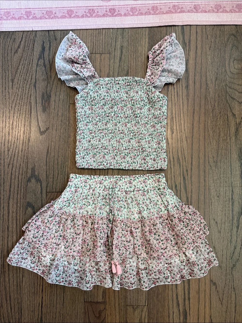 Flowers by Zoe Mint Floral Smocked Skirt with Pink Accents